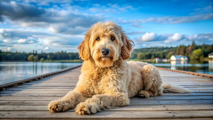 Goldendoodle dog lying on a jetty
