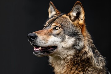 Fototapeta premium Portrait of a wolf with open mouth on a black background