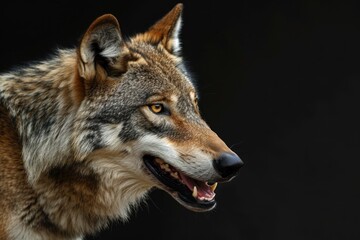 Fototapeta premium Portrait of a wolf with open mouth on a black background
