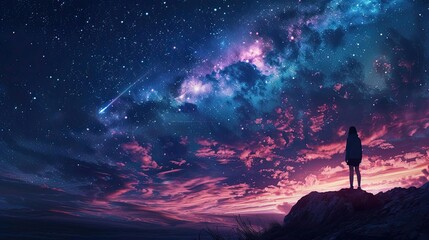 Fototapeta premium A person watching a meteor shower from a hilltop, illustrating celestial wonder