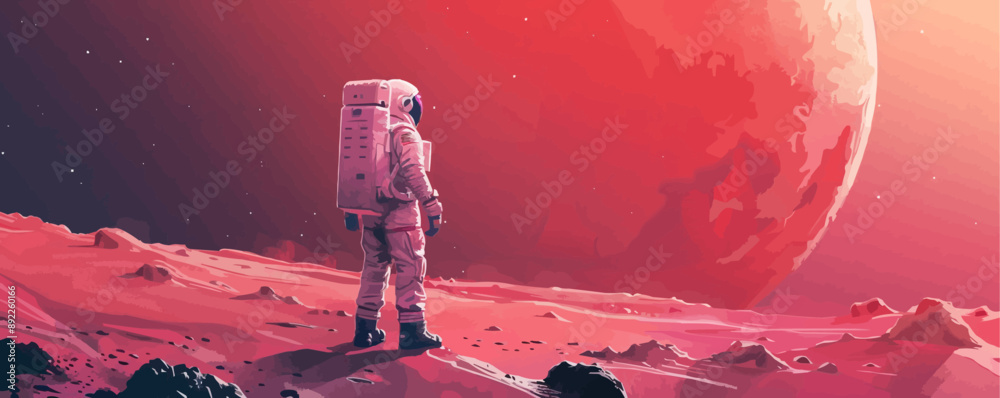 Wall mural sci-fi astronaut exploring a distant planet's surface vector flat minimalistic isolated illustration