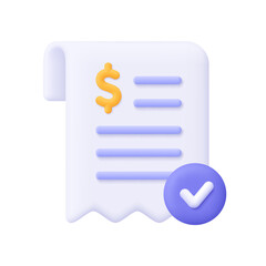 Receipt bill with check mark. Approved invoice bill. Finance, banking and payment transaction concept. 3d vector icon. Cartoon minimal style.