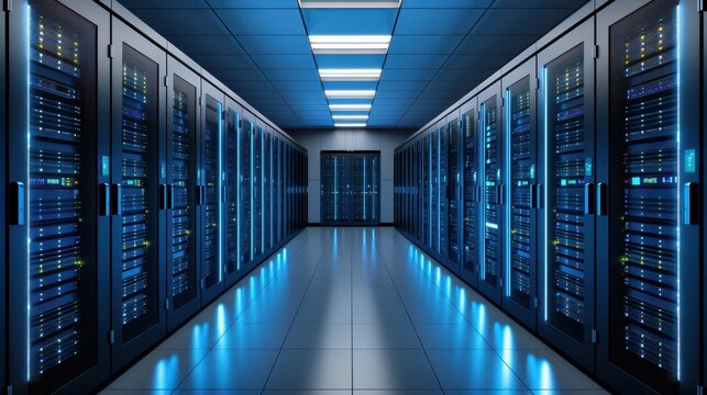 Technologically Advanced Secure Server Room Illuminated with Blue Neon Lights