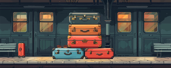 A stack of vintage suitcases beside an old-fashioned train station platform. Vector flat minimalistic isolated