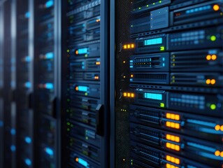 Secure Cybersecurity Protocols in Corporate Server Room - Data Protection Concept with Copy Space on Server Management Console Backdrop