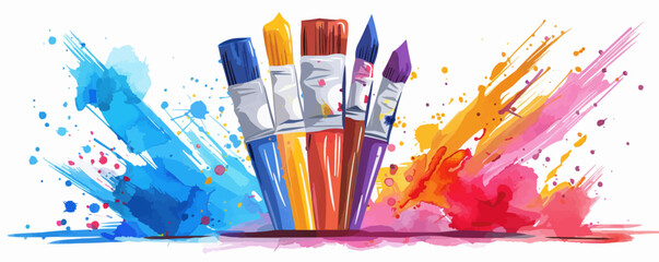 Colorful paint tubes and brushes on a clean white surface. Vector flat isolated