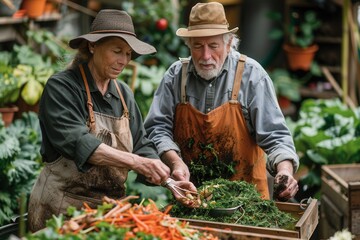 Eco-Friendly Senior Couple Composting Kitchen Scraps at Home, Organic Waste Management and Composting Routine