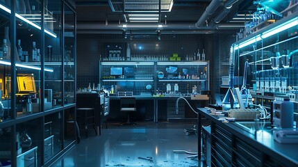 Fototapeta premium High-tech garage laboratory for scientific experiments, research projects, lab equipment, biotech research, chemical experiments, and advanced scientific studies