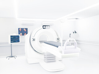 The CT scan room features a 3D rendering  CT scanner, used for high-resolution medical diagnostics.