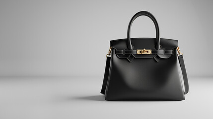 A black luxury handbag with gold accents, representing elegance and high fashion against a gray background.