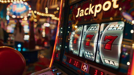 A close-up of a slot machine showing a winning combination of sevens, capturing the excitement and thrill of hitting the jackpot in a lively casino environment.