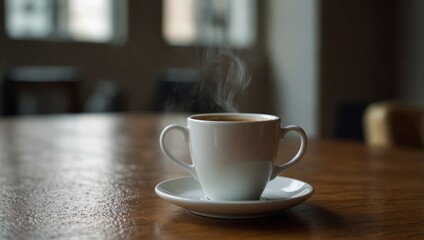 Obraz premium photo of a cup of hot drink on the table in the morning made by AI generative
