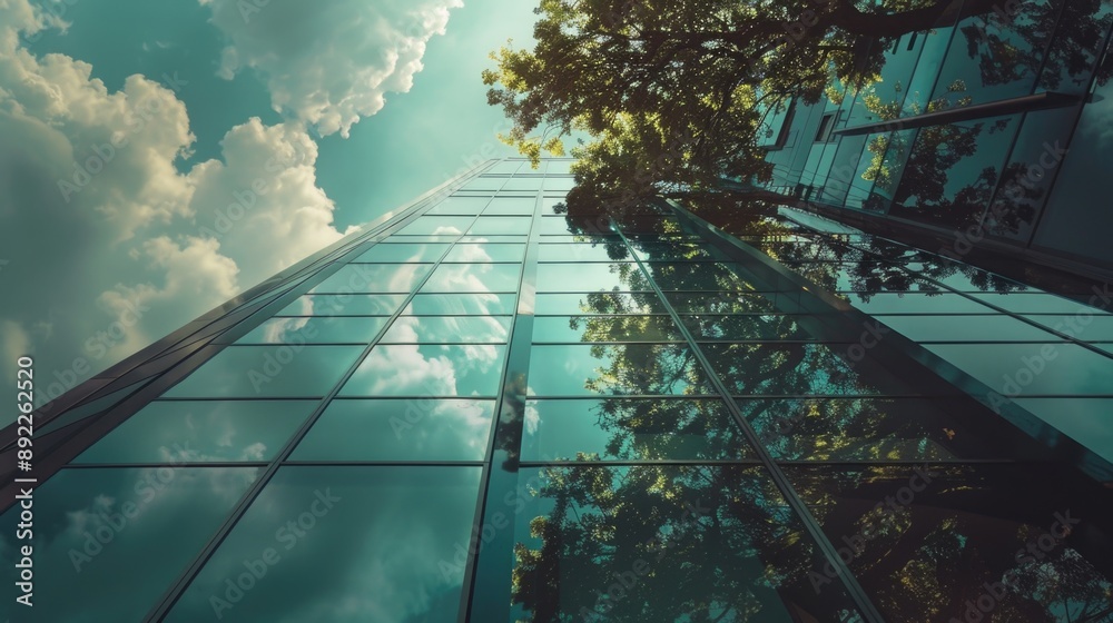 Poster Modern architecture and nature coexist in this image of a tall glass building with a tree planted in front
