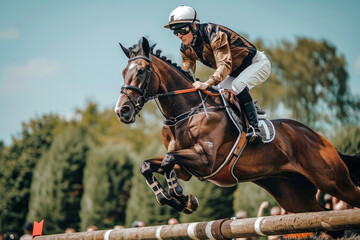 Caucasian male equestrian rider on a brown horse jumping a hurdle in an outdoor competition. Concept of horse riding, equestrian sports, athletic men, competitive events