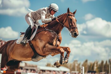 Caucasian male equestrian rider on a brown horse jumping a hurdle in an outdoor competition. Concept of horse riding, equestrian sports, athletic men, competitive events