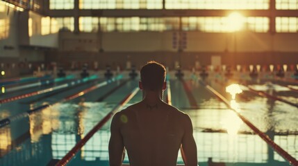 Swimmers get ready on the starting block by the competition pool.