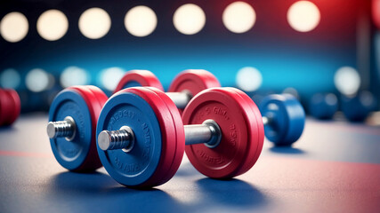 gym dumbbells on the floor, bokeh red and blue fitness gymnasium