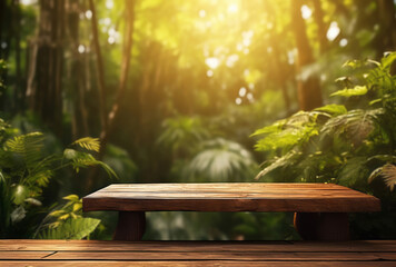 A brown wooden table sits in the middle of the jungle, sun lighting through it, its animated gifs and clear edge definition apparent in green.