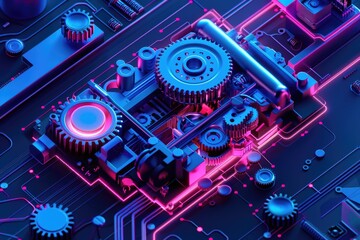 A close-up shot of a computer motherboard with visible gears and components