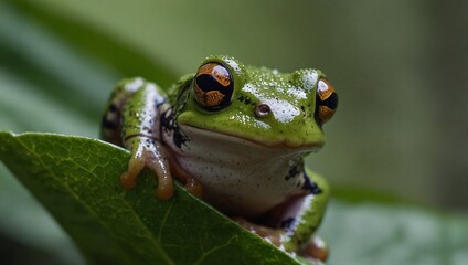 Obraz premium photo of green frog with brown eyes on a leaf made by AI generative