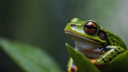 photo of green frog with brown eyes on a leaf made by AI generative
