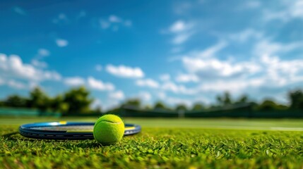 Tennis rackets and tennis balls are placed on the playing court. The field has green grass.