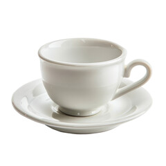 Isolated White Ceramic Coffee Cup with Saucer on White Base.