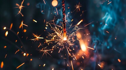 Fototapeta premium Sparkler with vibrant sparks and bokeh lights in the background. Concept of celebration, festive mood, celebration, joy