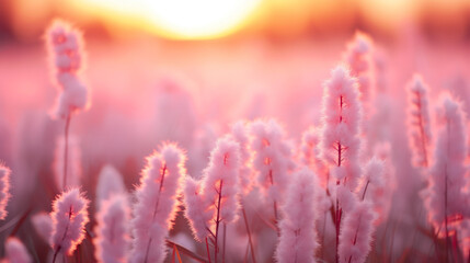 Beautiful Pink Fuzzy Flowers in a Field at Sunset with Warm Glowing Light