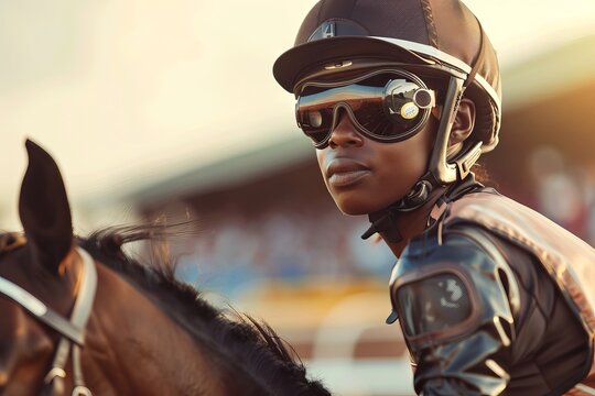 African American female jockey wearing a helmet on a racehorse. Concept of equestrian sport, competitive horse riding, women in sports, determination. Copy space - Powered by Adobe