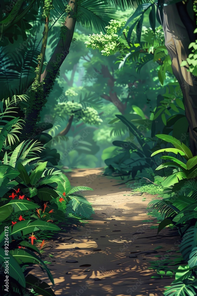 Poster a winding path in a dense, green forest