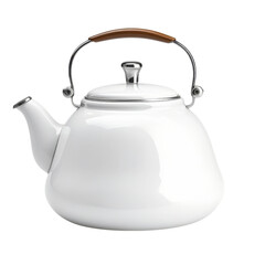 Isolated White Teapot with Silver Handle and Brown Grip.