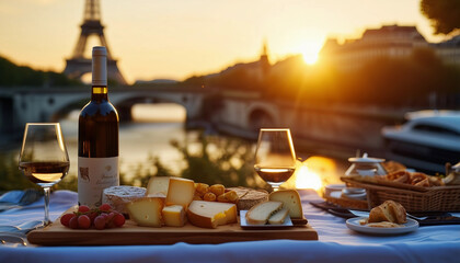 A luxurious picnic is set against the backdrop of the Seine River in Paris, with a cheese plateau
