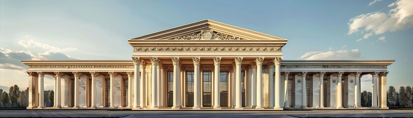 Fototapeta premium Classical building with symmetrical columns and pediments, showcasing structural principles, Classical architecture structural principles, Timeless structure