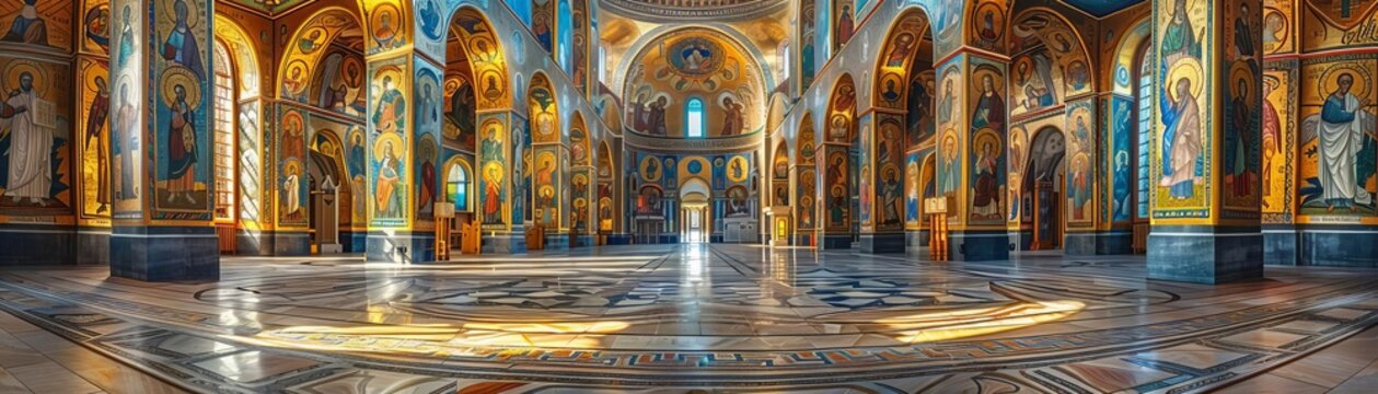 Byzantine church interior with mosaics and gold accents, highlighting religious artistry, Byzantine church architectural elements, Sacred art