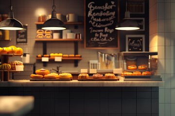 Fototapeta premium The interior of a cozy bakery with a variety of delicious pastries, cakes, and desserts displayed on wooden trays, bakery concept