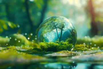 A glass sphere with a tree inside of it. Environmental concept