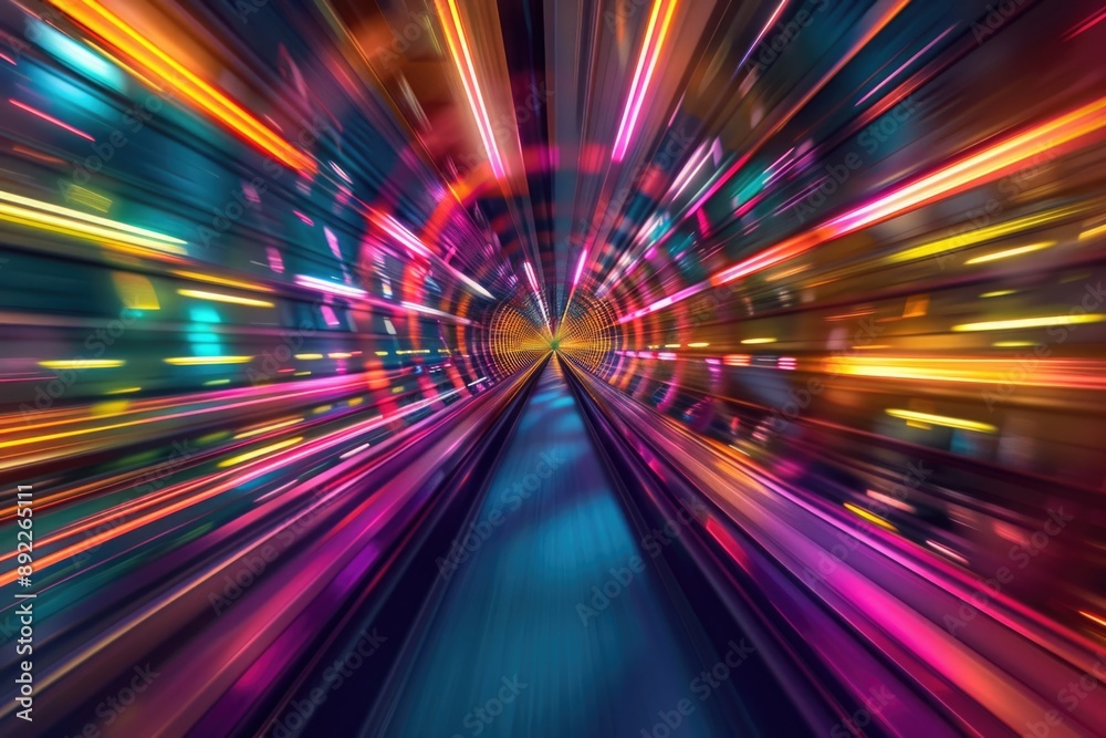 Poster a blurred image of a train entering a dark tunnel