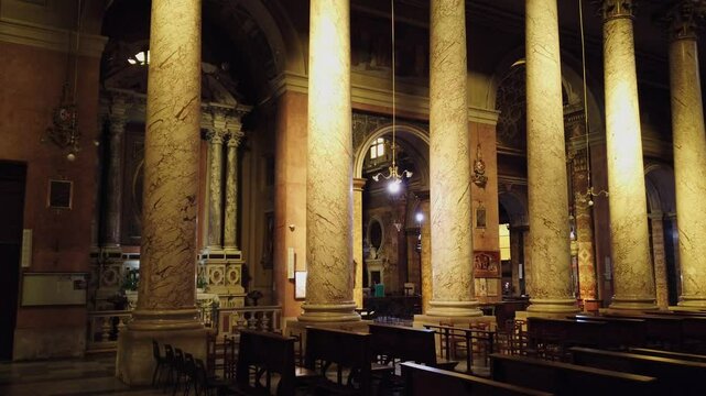 Elegant interior colonnade of the neoclassic Cathedral of Santa Croce in Forl&igrave;, Italy