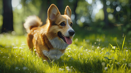 Happy Corgi Running on Green Grass in a Sunlit Park  Playful Dog Outdoors