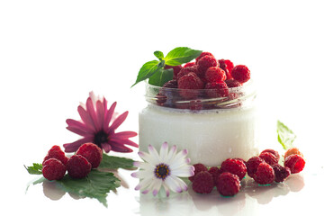 homemade food, milk yogurt with fresh raspberries