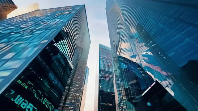 A journey through the citys skyline as the camera weaves in and out of buildings adorned with sleek hightech stock tickers.