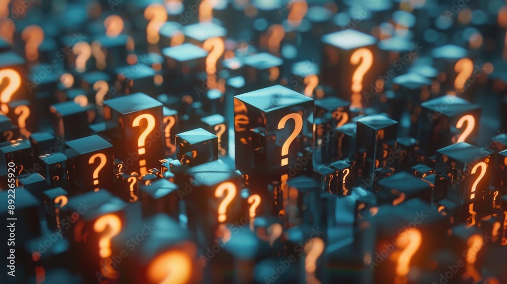 Poster A stack of cubes with question marks written on top, potentially representing confusion or uncertainty