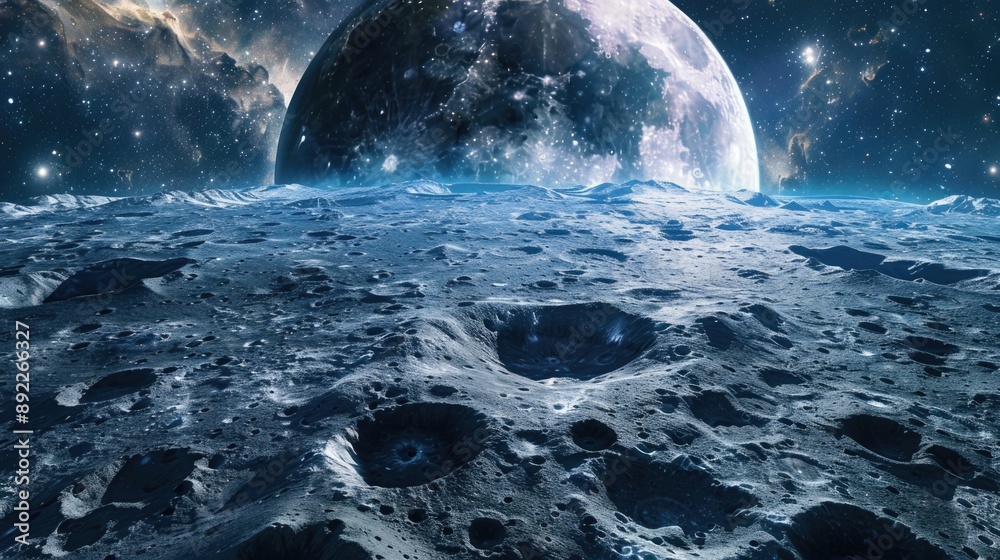 Poster a close-up view of the moon's surface from a lunar perspective, with craters and terrain visible