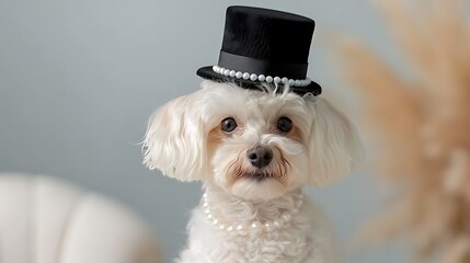 Maltese Dog Wearing Fancy Pearl Necklace and Small Top Hat