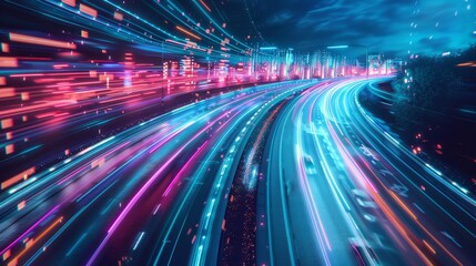 scenes from nighttime with brilliant lights and cityscapes in the background, a car traveling on a highway with lights on, and a cityscape with moving traffic in the background.