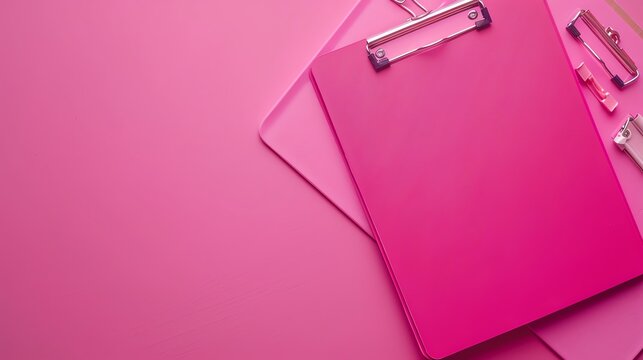 A pink clipboard on a pink background with other office supplies. - Powered by Adobe