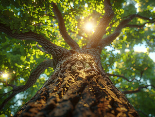 an old, gnarled tree with a large, hollowed-out trunk, surrounded by lush green foliage, bathed in bright sunlight.