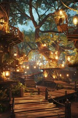 An empty stage in a fantastical treehouse village, with wooden platforms connected by rope bridges, lanterns hanging from the trees, and a canopy of leaves above. 