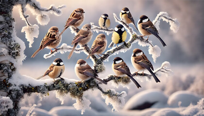 Flock of Songbirds on Snow-Covered Branches in Serene Winter Setting